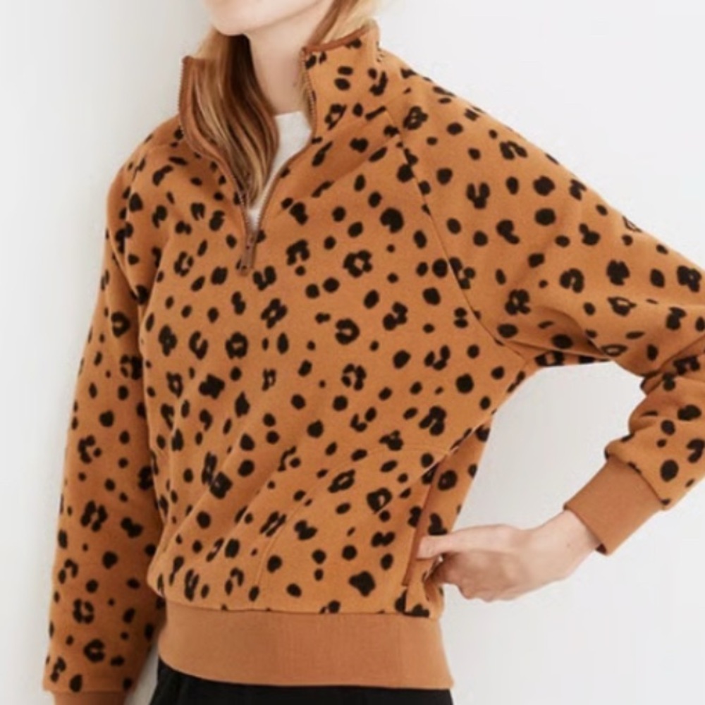 Madewell MWL Betterfleece Half-Zip Sweatshirt in Cheetah Print.